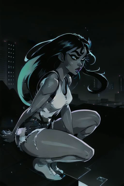 Inked, lineart style, wide angle image of a (cute:1.4) 
African anime character girl , Dragon Ball z style  , dark skin 
 , Broken Glass effect, no background, stunning, something that even doesn't exist, mythical being, energy, molecular, textures, iridescent and luminescent scales, breathtaking beauty, pure perfection, divine presence, unforgettable, impressive, breathtaking beauty, Volumetric light, auras, rays, vivid colors reflects
Japanese woman with very long (black hair), hair blowing in the wind, wearing (white tank top), wearing denim shorts, wearing sneakers and white ankle socks, squatting on an empty city street, futuristic city at (night:1.4), [blue and yellow neon signs:18] in the distance, woman looking up at the sky, happy, smirk, highly detailed eyes, skinny, small breasts, cool color tones, muted colors, starry sky, thick outlines, comic book style, dynamic camera angle, realistic skin, realistic hands, perfect hands, focused on sneakers
