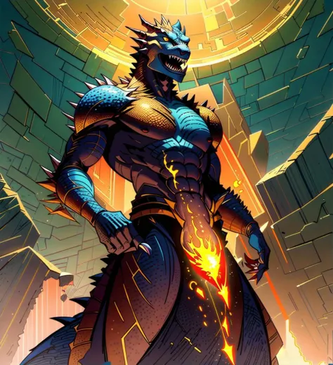 Solo, single character, (Highly detailed illustration of a proud and powerful dragon-like humanoid who once ruled over a vast empire. He had tough, scaly golden skin, and his eyes glowed with an inner fire. He has long, sinuous body that is covered in scales, and his fingers ended in sharp claws. his head is elongated and had prominent snouts with sharp teeth and forked tongues.)
The Arcanes were a highly advanced and sophisticated people, with a deep understanding of magic and technology. They were known for their towering cities of crystal and metal, which were powered by arcane energies and spanned entire continents. They had a deep reverence for knowledge and were constantly seeking new ways to push the boundaries of what was possible.