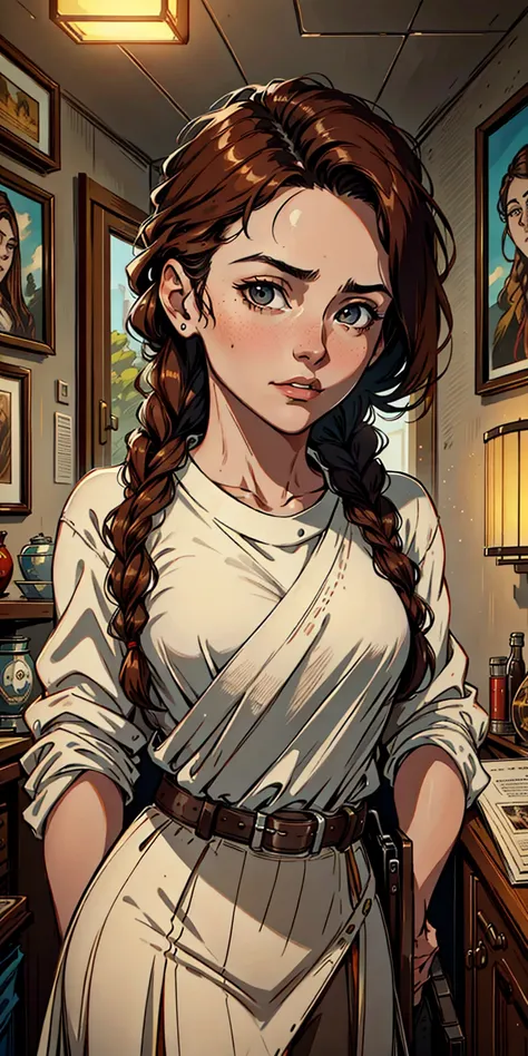 upper waist portrait of a gorgeous young woman , art by Greg Rutkowski, (art by Greg Rutkowski:1.1), Oil painting, Cycles render, hip level shot of a Nerdy Woman, Fundraising, wearing Charming [Balaclava:Flare pants:5], Chestnut hair styled as Twist braid, Briefcase, from inside of a Peru, Graphic novel, Tranquil, Sosaku Hanga, dramatic lighting, 80mm, Muted Colors, contest winner