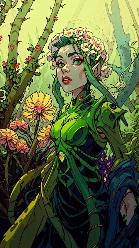 A blue-green skinned Alraune monster girl with a huge pink rafflesia flower topped with a darker pink flower with jagged leaves on her head and back and vines snaking out and dressed in leaf armor
