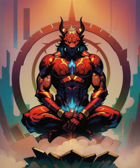 full body Illustration of the god of slaughter and death, humanoid beast face and body, he wears a mighty breastplate, meditation pose, masterpiece, intricate, centered
