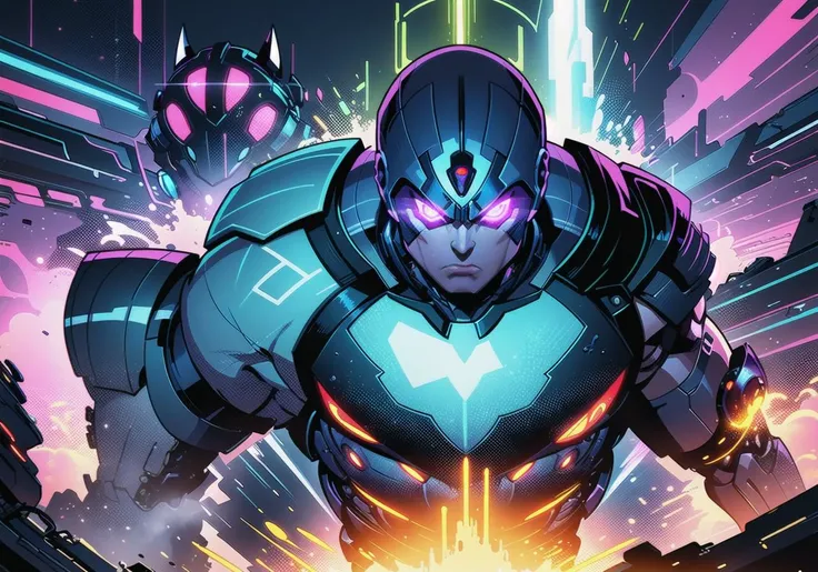 A highly-detailed portrait of a fearsome cybernetic warrior, his eyes glowing with an intense red light. The hero stands tall, staring off into the distance with determination, his armor glistening in the neon lights of the futuristic city. The art style is a fusion of the works of Akiman and Bruce Timm.Image of a superhero in motion, capturing the dynamic energy and power of their movements.