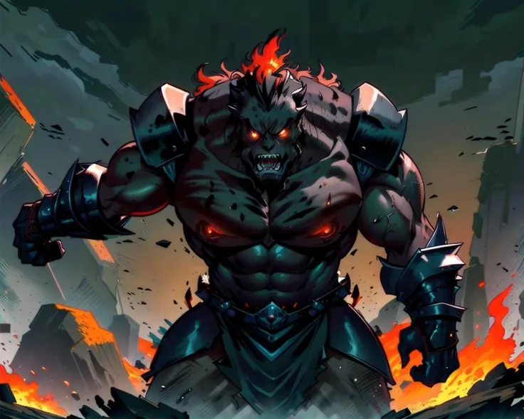 Highly detailed, single character, centered (upper body Illustration of a massive, hulking beast that stands over ten feet tall and weighs well over a thousand pounds. Its body is covered in thick, matted fur that is a dull, slate grey in color, and its eyes burn with an intense, fiery red glow. Its face is a gruesome, twisted visage, with a wide, gaping maw filled with jagged teeth that jut out at odd angles, and a pair of large, curved horns that protrude from the top of its skull.The Grimgor is an apex predator, and it shows in every aspect of its physiology. Its arms are thick and muscled, ending in massive, clawed hands that can crush bone with ease. Its legs are powerful and agile, allowing it to move with incredible speed and agility, even over rough terrain. ((full armored))) masterpiece, intricate