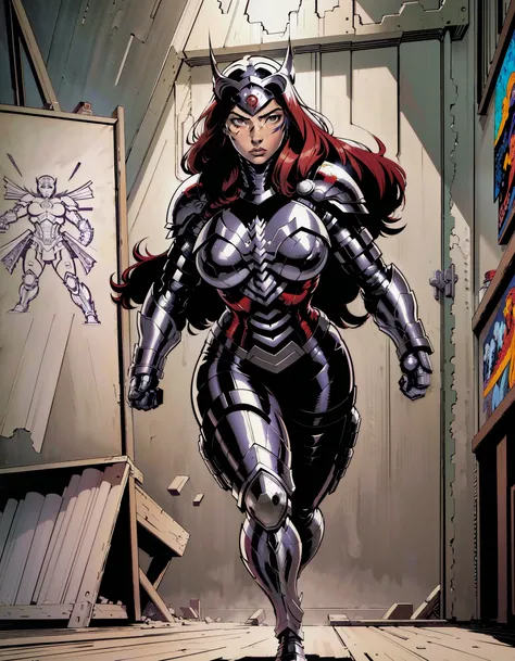 (scar:1.3), (hand:1.2), Best quality, detailed, illustration, comic book style, female superhero, complex intricate heavy full body armor, helmet, very long hair, (art by Mark Brooks:1.3)
