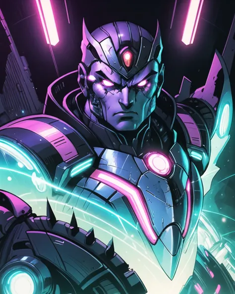 A highly-detailed portrait of a fearsome cybernetic warrior, his eyes glowing with an intense red light. The hero stands tall, staring off into the distance with determination, his armor glistening in the neon lights of the futuristic city. The art style is a fusion of the works of Akiman and Bruce Timm, hands, NaturalHand2-3500