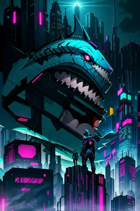 A Cyberpunk Shark standing in front of futuristic city