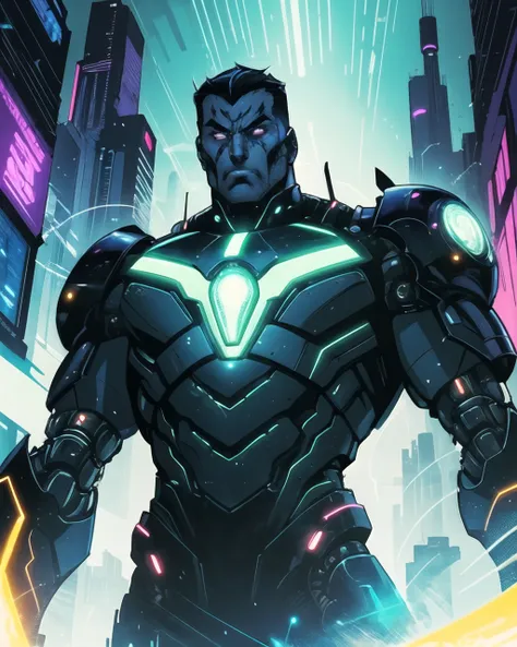 A highly-detailed portrait of a fearsome cybernetic warrior, his eyes glowing with an intense red light. The hero stands tall, staring off into the distance with determination, his armor glistening in the neon lights of the futuristic city. The art style is a fusion of the works of Akiman and Bruce Timm, hands, NaturalHand2-3500