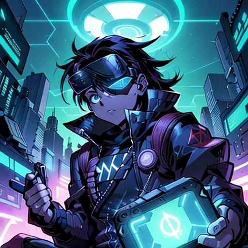 A young hacker wearing a VR headset jacks into a virtual reality network, surrounded by a sea of glowing code and digital information. Art by Akira Toriyama and Tsutomu Nihei. (same eye color:1.1)