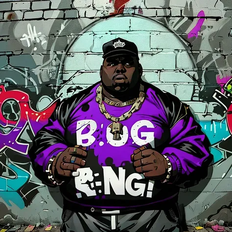 (notorious big)+, rapper, heavyweight, somewhat fat, westcoast, hip-hop, street art, high quality, inked, digital art, comic style, standing, graffiti,