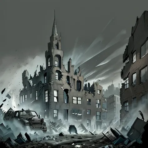 war landscape, 1944, dull colors, grey, smoke, rubble, destroyed buildings, empty street, high quality, full body, ink illustration, digital art, comics, empty windows, shattered glass, destroyed old car, wreckage, apocalyptic landscape,