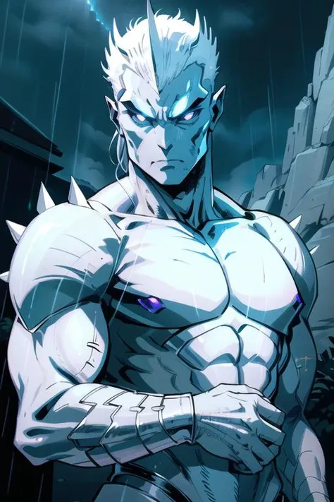 dark scene, humanoid alien, white skin, alien, spiky skin, scaly skin, evil, diamond armor, alien king, night sky, male focus, muscular, muscular male, night, outdoors, rain, serious, dark atmosphere, detailed background, upper body, inked, thick outlined, centered