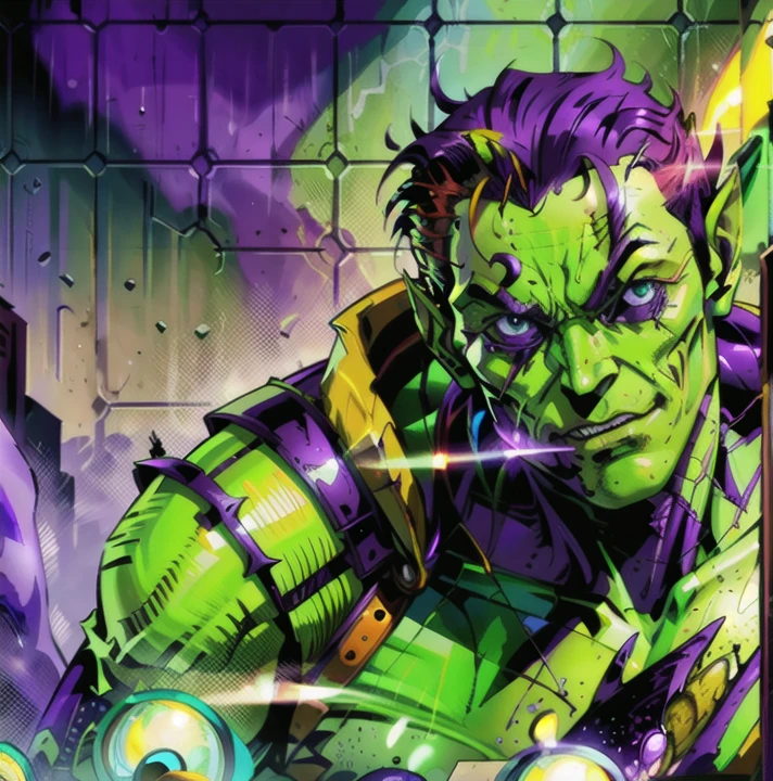 portrait of skinny green goblin high tech purple armor, look at viewer,Todd McFarlane