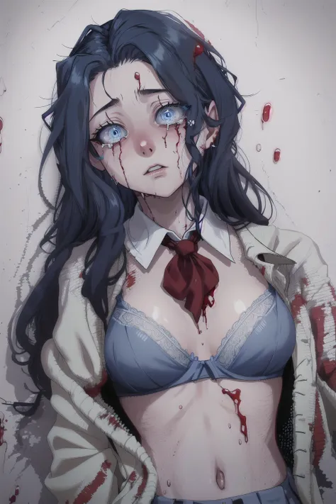 {{{zombie }}} ,dead, crying with eyes open, blue long hair, empty eyes, 1girl, school uniform, open clothes, bra, blood on clothes,