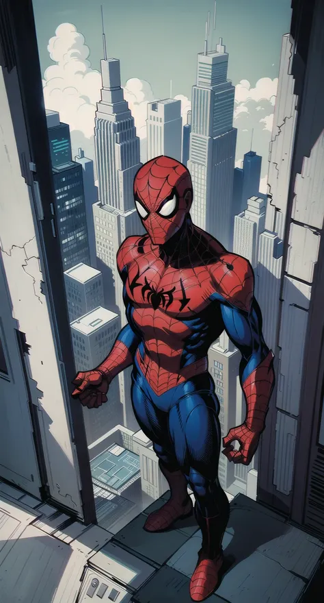 Beautifully illustrated scene of Spiderman standing tall on an iconic skyscraper, taking in the breathtaking beauty of the modern, polished city below. A remarkable and stylized portrayal of a nefarious villain. by J. Scott Campbell's and Jim Lee's heavily detailed and dynamic