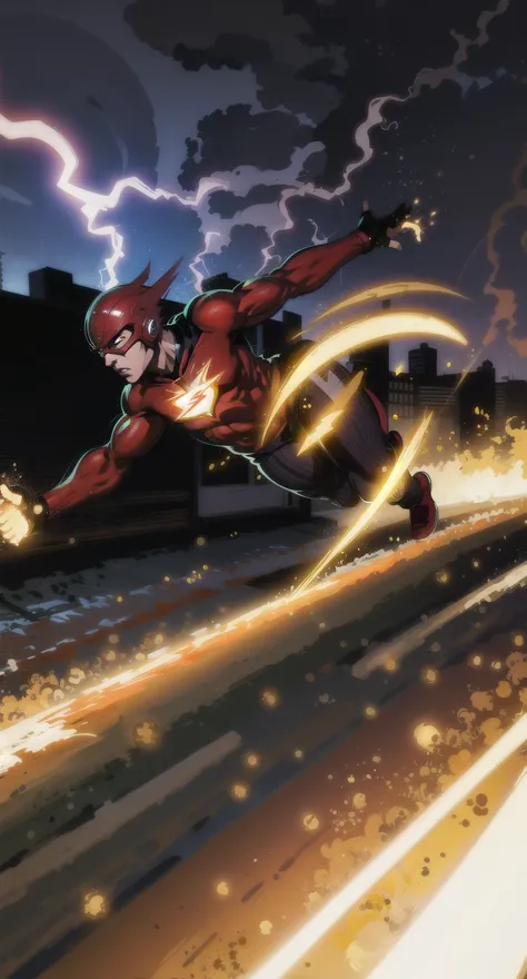 Dynamic image of The Flash racing through Central City at breakneck speeds, leaving a trail of lightning in his wake.