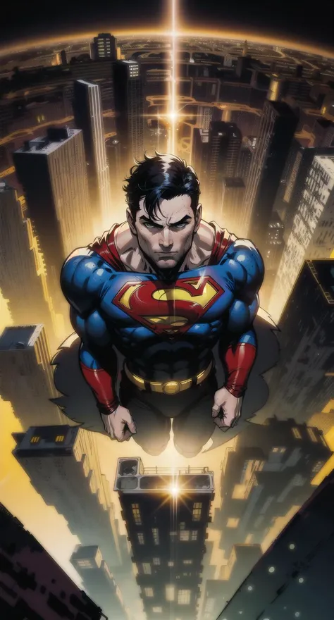 Powerful and emotive portrait of Superman hovering high above Metropolis, surveying the city below with a sense of awe and wonder.