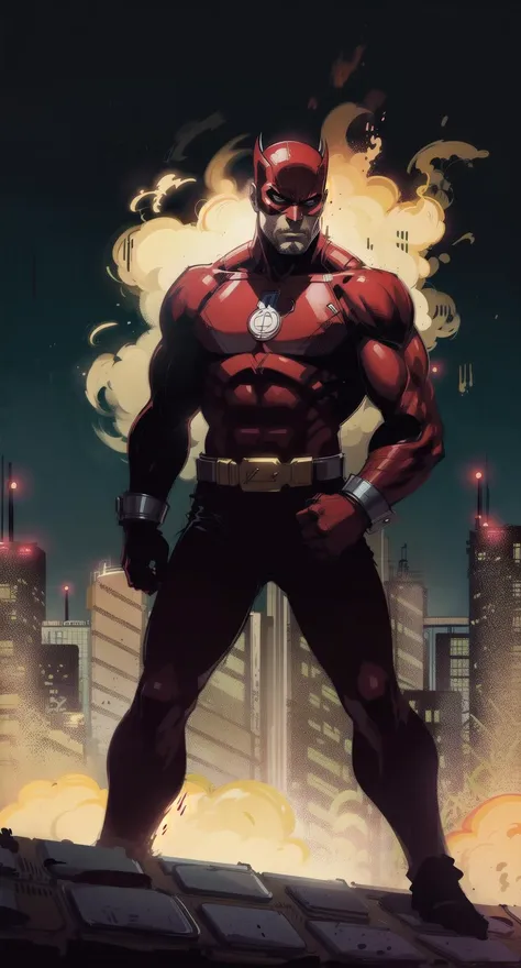 Stylized and gritty shot of Daredevil standing defiantly on a Hell's Kitchen rooftop, ready to take on any criminal who dares to cross his path.