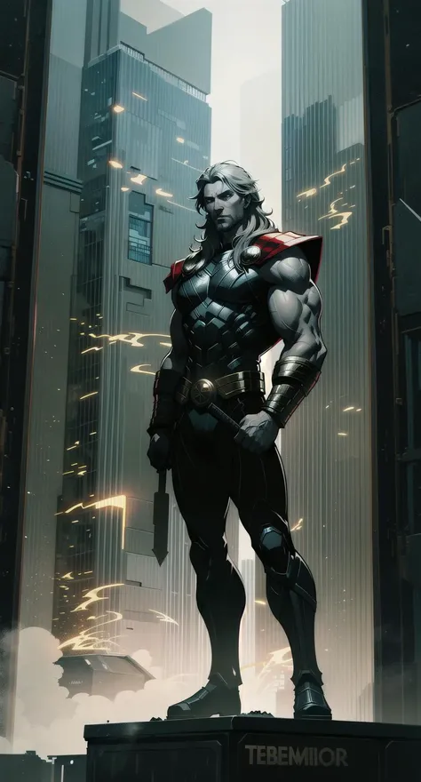 Thor, his hammer held aloft, standing tall on a skyscraper and surveying the glorious city before him. A dynamic and detailed portrayal of one of his nemeses.