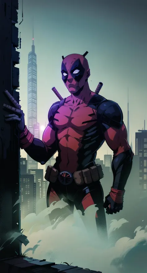 A highly detailed image of Deadpool standing atop a chimney, admiring the hazy and mysterious city skyline