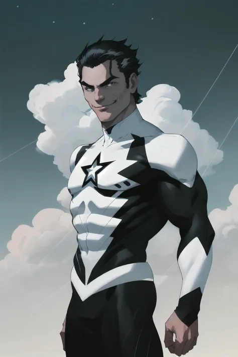 jim lee, 1boy, Joaquin Phoenix, (((Muscular Male, male focus, masculine male))), long stringy black hair, (Standing, deranged smile, crazy eyes, insane:1.1) depth of field, looking at viewer, realistic, Sleek (((Black))) Spandex with ((white star on the chest)), Black Modern Supersuit, Cool symmetrical Costume Design, Modern Costume Design, Chevron Costume Design, Cool Costume, chevrons, solo, superhero, toned, ((masterpiece)) (low angle, upshot, cloud background, sky background:1.2)