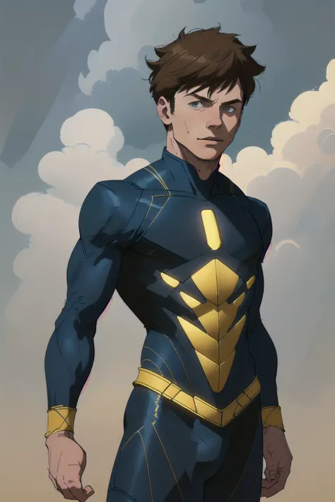 jim lee, 1boy, Lucas Hedges, male focus, Athletic male, high tech, shaggy light brown hair, (Standing, Proud, Standing Pose, Strong Stance:1.1), cowboy shot, depth of field, looking at viewer, realistic, high tech (dark blue) spandex supersuit costume with yellow lines and accents, Cool symmetrical Costume Design, Modern Costume Design, Chevron Costume Design, Cool Costume, chevrons, belt, solo, toned, ((masterpiece)) (low angle, upshot, cloud background, sky background:1.2)