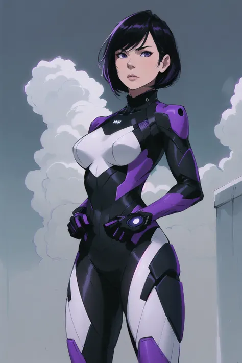 1girl, Lucy Liu, female focus, feminine female, high tech, short black hair, bob hairdo, ((Standing, Proud, Standing Pose, Strong Stance:1.1)), looking at viewer, realistic, Detailed dark purple and white Tactical Stealth suit, Detailed dark purple and white superhero stealth suit, Stealthy Costume Design, Cool Costume, solo, superhero, toned, ((masterpiece)) (low angle, upshot, cloud background, sky background:1.2)