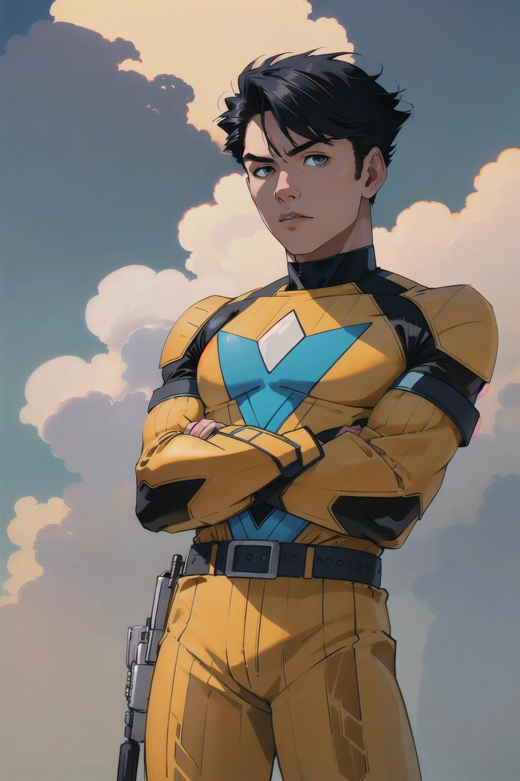 jim lee, 1boy, Male, male focus, masculine male, high tech, short hair, (Standing, Proud, Standing Pose, Strong Stance:1.1) cowboy shot, depth of field, looking at viewer, realistic, bright spandex costume, Cool symmetrical Costume Design, Modern Costume Design, Chevron Costume Design, Cool Costume, chevrons, belt, solo, superhero, toned, ((masterpiece)) (low angle, upshot, cloud background, sky background:1.2)