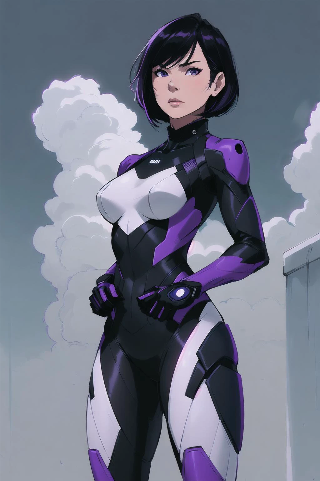 1girl, Lucy Liu, female focus, feminine female, high tech, short black hair, bob hairdo, ((Standing, Proud, Standing Pose, Strong Stance:1.1)), looking at viewer, realistic, Detailed dark purple and white Tactical Stealth suit, Detailed dark purple and white superhero stealth suit, Stealthy Costume Design, Cool Costume, solo, superhero, toned, ((masterpiece)) (low angle, upshot, cloud background, sky background:1.2)