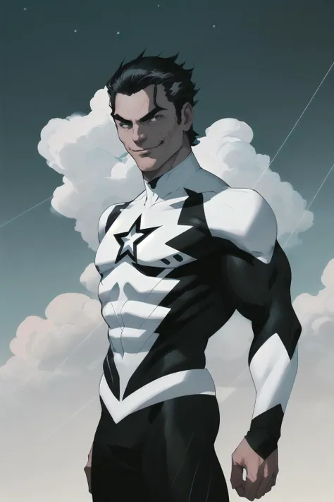 jim lee, 1boy, Joaquin Phoenix, (((Muscular Male, male focus, masculine male))), long stringy black hair, (Standing, deranged smile, crazy eyes, insane:1.1) depth of field, looking at viewer, realistic, Sleek (((Black))) Spandex with ((white star on the chest)), Black Modern Supersuit, Cool symmetrical Costume Design, Modern Costume Design, Chevron Costume Design, Cool Costume, chevrons,  solo, superhero, toned, ((masterpiece)) (low angle, upshot, cloud background, sky background:1.2)