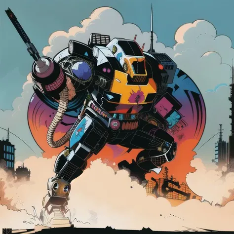 inked, full color line art, poster art, masterpiece, best quality, sharp focus, 8k, artstation, highly detailed, solo, best illustration of a mech robot, graffiti, dynamic angle, (style of todd mcfarlane)