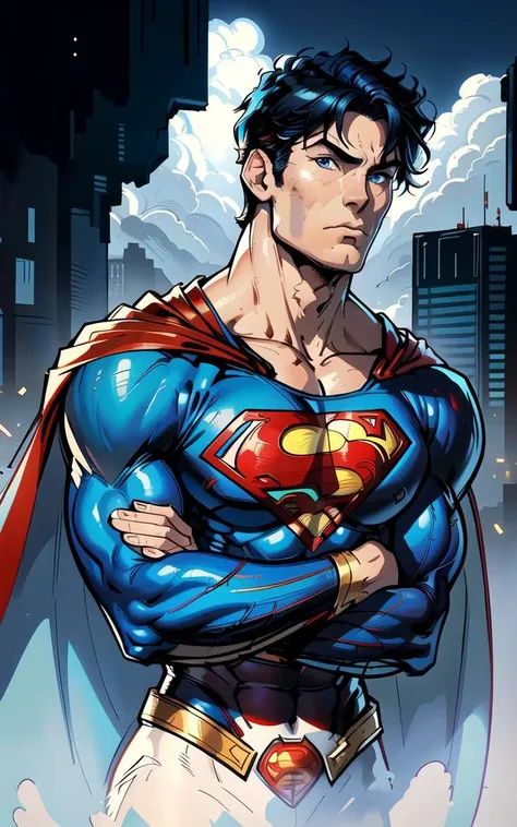 jim lee, inked, masterpiece, best quality, sharp focus, 8k, artstation, superman, abs, black hair, blue bodysuit, blue eyes, cape, closed mouth, crossed arms, large pectorals, male focus, muscular, pectoral lift, red cape, short hair, simple background, solo, superhero, flat style