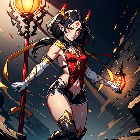 <lora:e7 ARavi:1> e7 ARavi, yellow eyes, red v shaped mark in forehead, black hair, (low twintails coming from under the ears) with yellow ribbons, small breasts, black small bull horns, (long red chinese tabard), black shorts, nothing under the tabard, naked under tabard, white cape on shoulders, white arm gloves, black and white knee high boots, full body, (red lighting striking behind her in the background), masterpiece, highres, (masterpiece), 4k, 8k, Detailed Illustration, intricate detail, best quality, extremely detailed face, perfect lighting, fit girl,