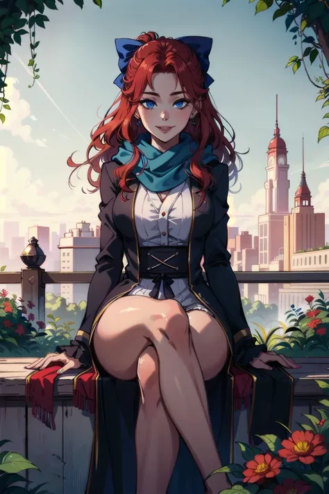 1girl, solo, crossed legs, red hair, blue eyes, happy, hair bow, robe, scarf, garden