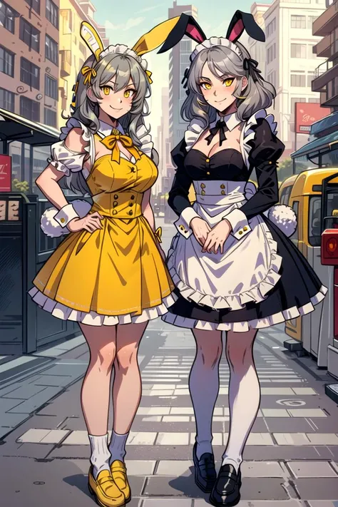 2girls, paw pose, grey hair, (yellow eyes)--, evil smile, (hair ribbon)-, (rabbit ears)--, maid dress, loafers, cityscape