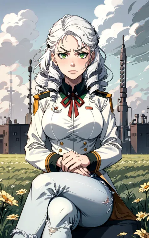 1girl, solo, sitting+++, crossed legs, white hair, green eyes, furrowed brow, (drill hair)+++, long hair, military uniform, jeans, neck ribbon, wristband, field