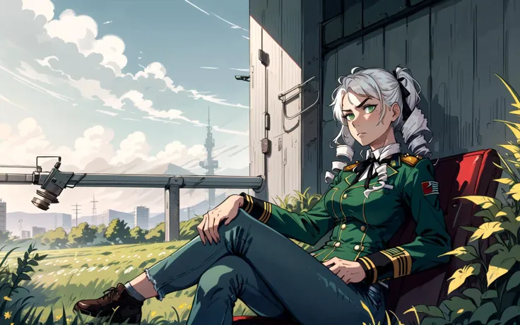1girl, solo, sitting+++, crossed legs, white hair, green eyes, furrowed brow, (drill hair)+++, long hair, military uniform, jeans, neck ribbon, wristband, field