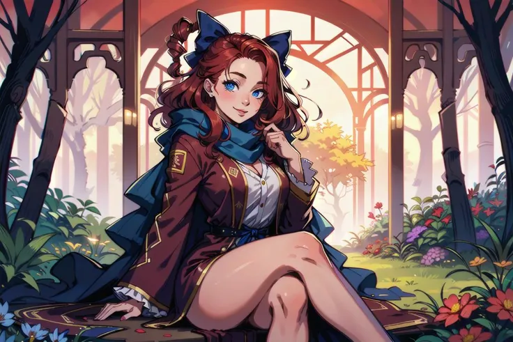 1girl, solo, crossed legs, red hair, blue eyes, happy, hair bow, robe, scarf, garden