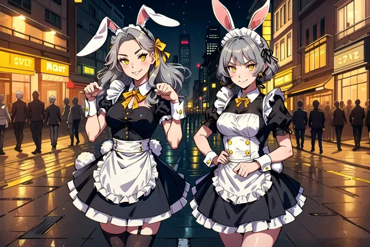 2girls, paw pose, grey hair, (yellow eyes)--, evil smile, (hair ribbon)-, (rabbit ears)--, maid dress, loafers, cityscape