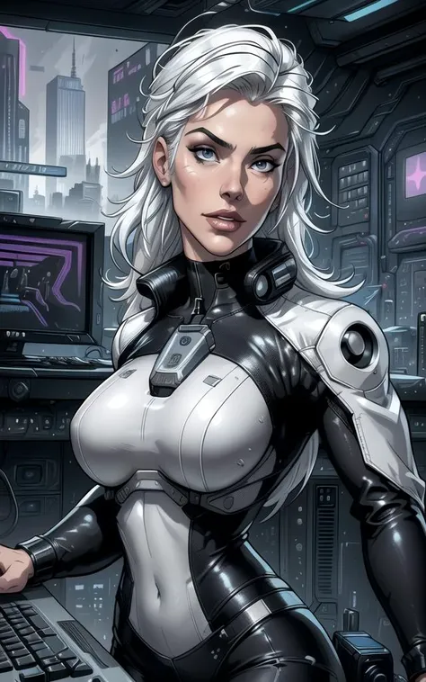 best quality, masterpiece, realistic, photorealism, photo, hdr, detailed, intricate, beautiful scenery, wonderful backround, (perfect face:1.3), cyberpunk, computer room, 1woman, white hair, bodysuit, leather jacket, ((operating keyboard \(computer\))), upper body