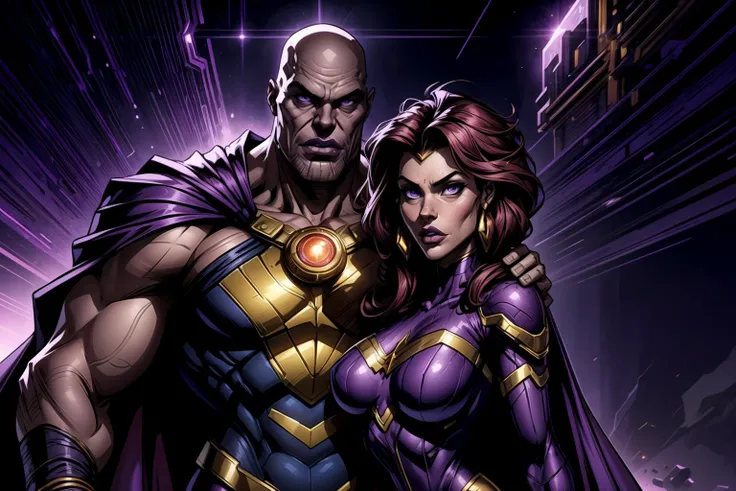 An amazing illustration of Thanos and a woman, couple, bald man, purple cape, fantasy, dynamic angle, dynamic pose
<lora:Detail Tweaker:0.5>