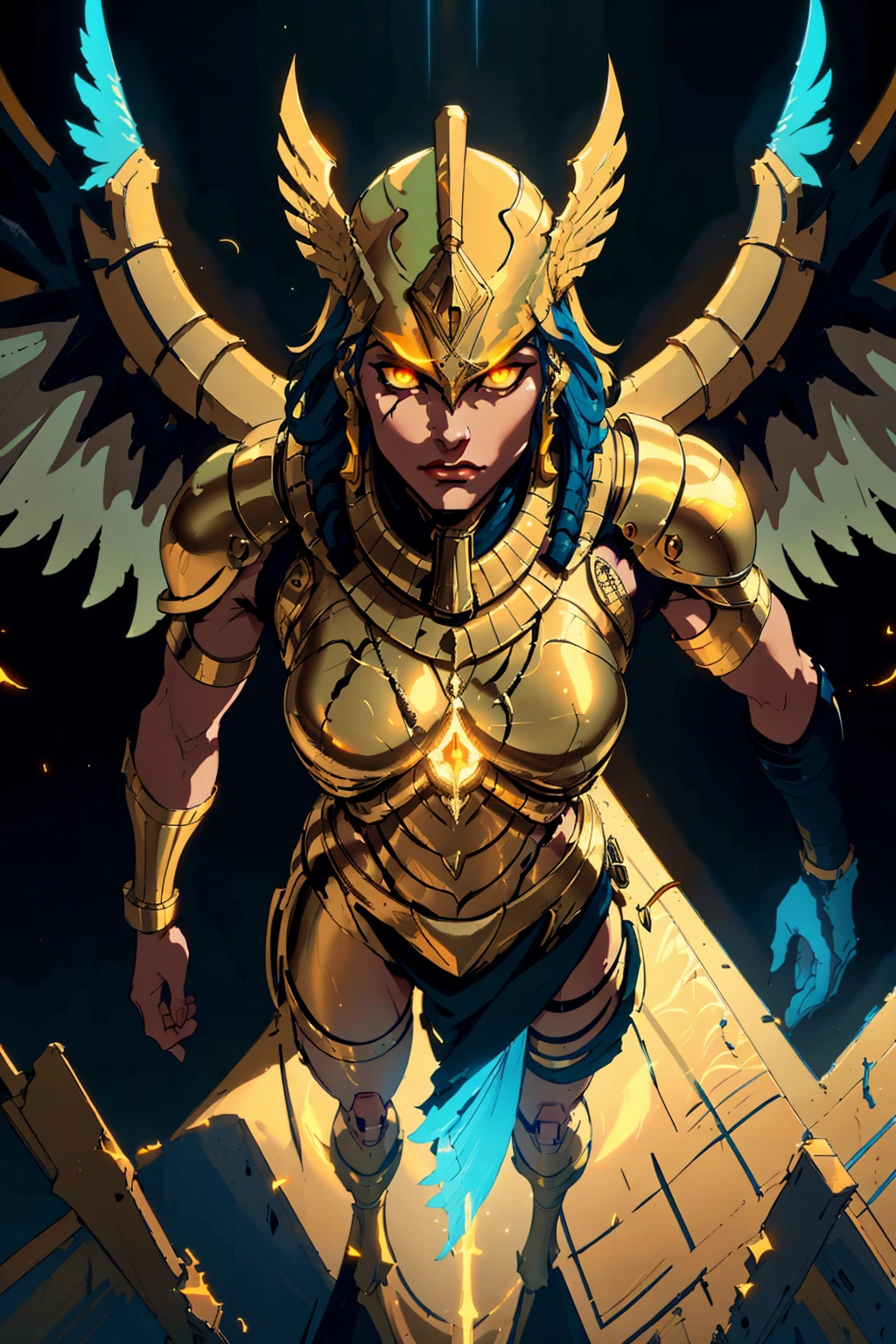 ((bird head )) golden statue of horus , futuristic Egypt,
(attack, from above) volumetric light,
glowing armor, glowing eyes, wings
solo, dramatic lighting
high contrast, negative space
(masterpiece, best quality:1.3),
<lora:epiNoiseoffset_v2:1> <lora:add_detail:-1>