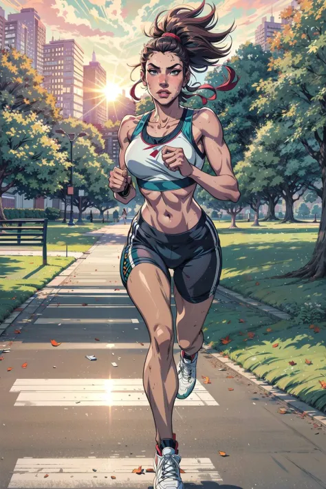 inked, best quality, 8k, sharp focus, intricate, a woman jogging in a (park), sun rising in the background, casual jogging clothing, (running towards camera), realistic skin, motion blur background, sports bra, sweating, sport shoes, <lora:GoodHands-vanilla:1>