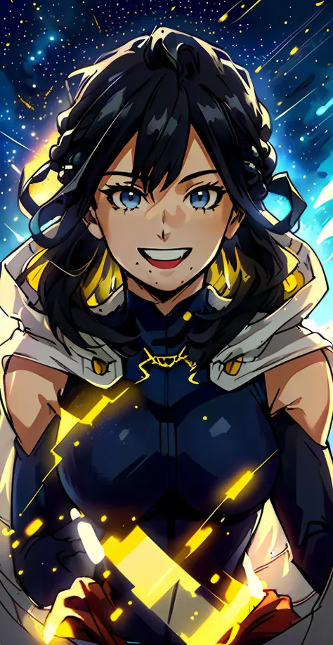((masterpiece, best quality:1.4), cinematic light, colorful, high contrast, (1girl), NanaShimura, boku no hero academia, portrait, close up, black hair, mole under mouth, large breasts, (blue eyes), hair between eyes, soft lighting, ambient light, grin, bodysuit, white cape, starry sky, yellow gloves <lora:NanaShimuraMHA-v1-1:1>