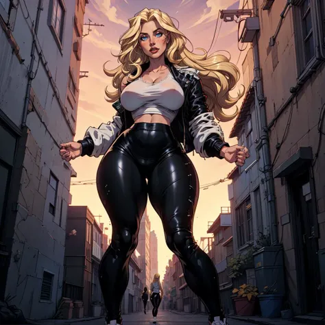 (masterpiece), (best quality), (detailed), woman, curvy, large breasts, long blonde hair, white shirt, black jacket, blue eyes, black leather pants, black sneakers, alley, night, from below:1.2