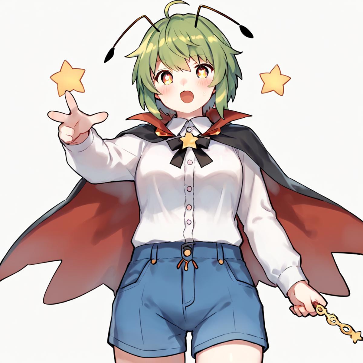 Anime girl with green hair and cape holding a star - SeaArt AI