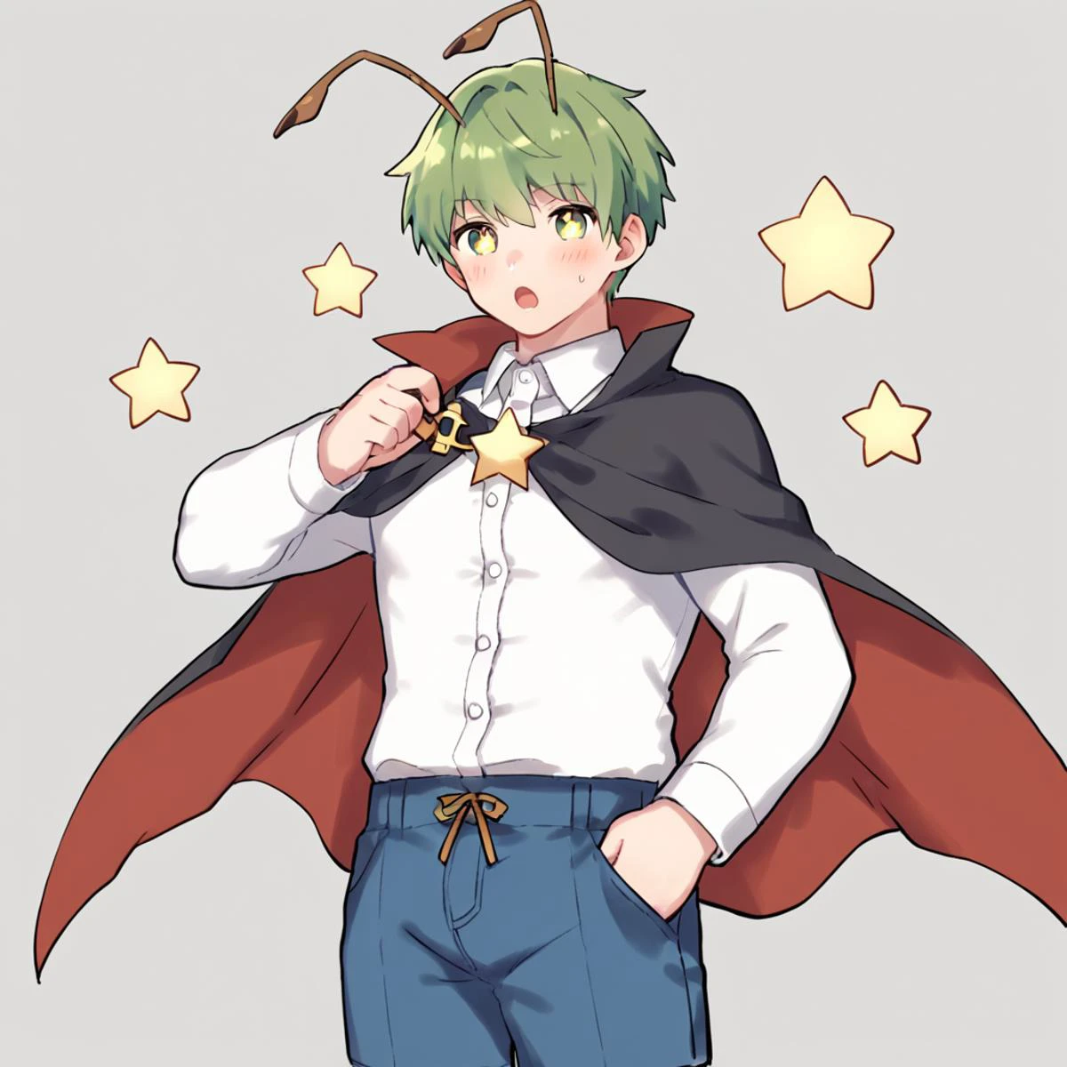 score_8_up, score_9_up, by wkar, wriggle nightbug, 1boy, solo, black_cape, open_mouth, white_shirt, green_hair, antennae, two-sided_cape, long_sleeves, white_background, looking_at_viewer, simple_background, collared_shirt, red_cape, cowboy_shot, blush, blue_shorts, :d, pants, buttons, color_guide ,star-shaped_pupils,symbol-shaped_pupils, gorgeous,key visual, vibrant, studio anime,award-winning, professional, highly detailed,high budget, cinemascope