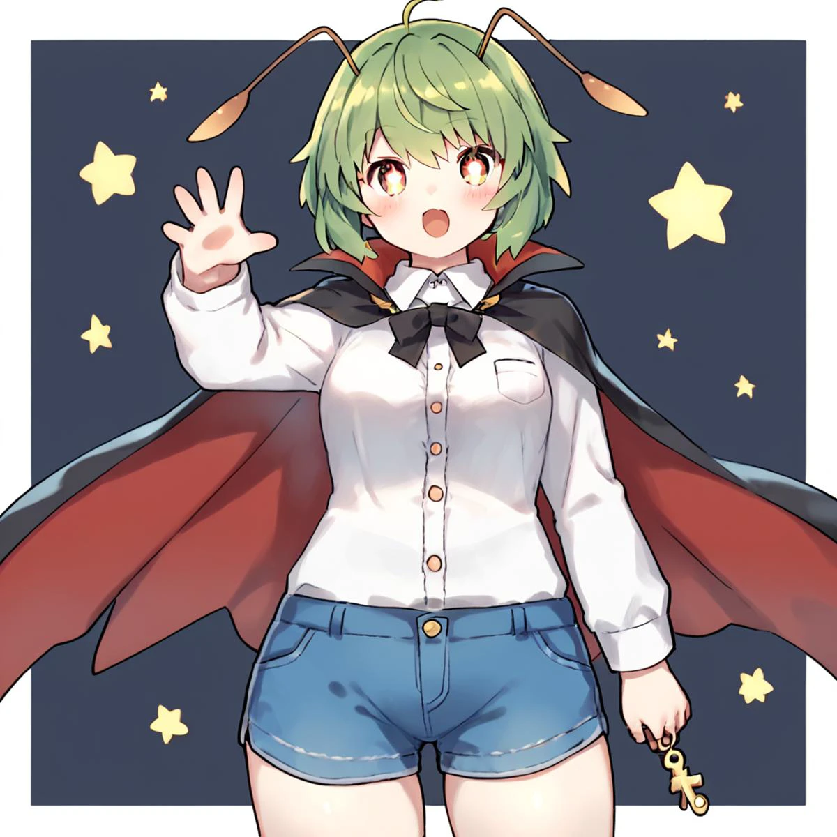 score_8_up, score_9_up, by wkar, wriggle nightbug, 1girl, solo, black_cape, open_mouth, white_shirt, green_hair, antennae, two-sided_cape, long_sleeves, white_background, looking_at_viewer, simple_background, collared_shirt, red_cape, cowboy_shot, blush, blue_shorts, :d, pants, buttons, color_guide ,star-shaped_pupils,symbol-shaped_pupils, gorgeous,key visual, vibrant, studio anime,award-winning, professional, highly detailed,high budget, cinemascope
