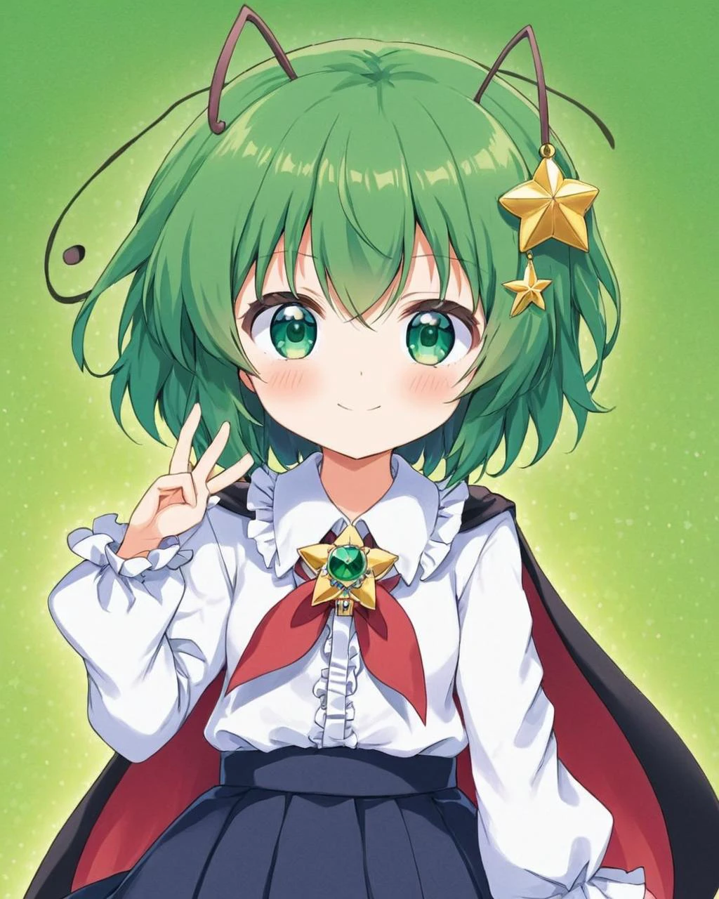 wriggle nightbug,1girl, solo, sample_watermark, traditional_media, marker_\(medium\), smile, brooch, closed_mouth, looking_at_viewer, cowboy_shot, frilled_skirt, antennae, white_shirt, black_skirt, frilled_shirt, green_background, long_sleeves, blush, hair_bow, black_cape, frilled_sleeves, red_bow, frilled_shirt_collar, head_tilt, ribbon
<lora:wriggle_nightbug_image3698_2023-12-11-000006:1>,star-shaped_pupils,symbol-shaped_pupils,. gorgeous,key visual, vibrant, studio anime,award-winning, professional, highly detailed,high budget, cinemascope