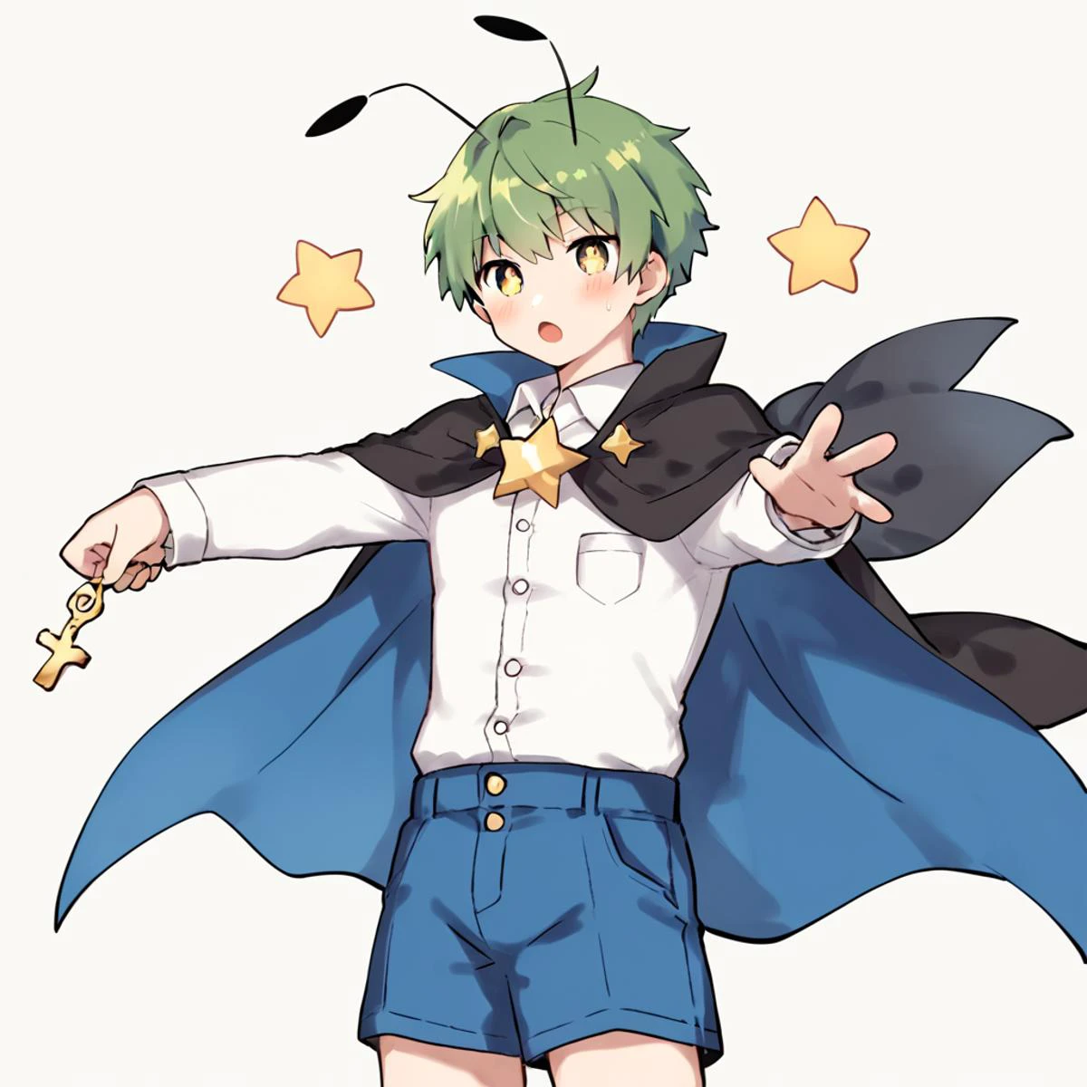 score_8_up, score_9_up, by wkar, wriggle nightbug, 1boy, solo, black_cape, open_mouth, white_shirt, green_hair, antennae, two-sided_cape, long_sleeves, white_background, looking_at_viewer, simple_background, collared_shirt, red_cape, cowboy_shot, blush, blue_shorts, :d, pants, buttons, color_guide ,star-shaped_pupils,symbol-shaped_pupils, gorgeous,key visual, vibrant, studio anime,award-winning, professional, highly detailed,high budget, cinemascope
