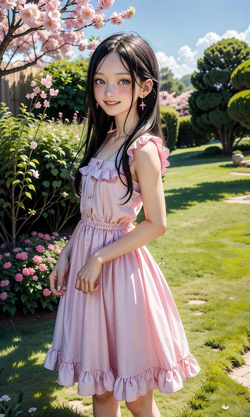 1woman, 21yo, ((skinny)), long hair, messy hair,
(black:1.2) hair, blue eyes, bright eyes, detailed eyes, freckles, (earrings:1.2), glossy lips, big smile, looking at viewer,
standing on grass, posing for a photo,
garden, flower, blossoms,
(masterpiece,ultra-detailed,best quality,8K,CG,illustration),
<lora:VirtualGirl-Riz:0.3>, VirtualGirl-Riz,
<lora:eyebrows_slider_v1:-3>,
small breasts,
<lora:StL_Detail:0.3>,
<lora:jyoji one piece 1.0:0.4> jyojifuku, ((pink)) dress, frills,